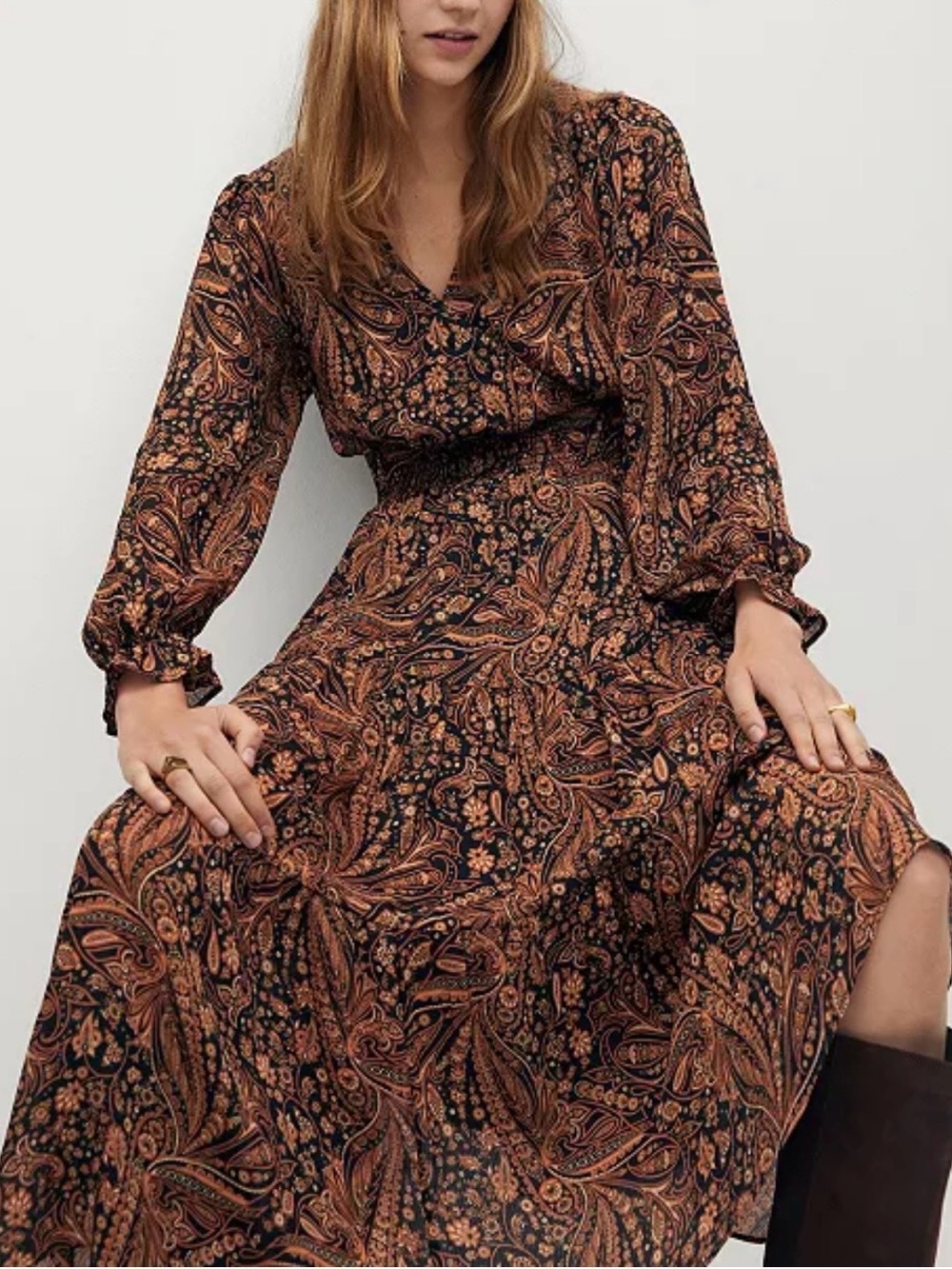 NEW Mango Brown Paisley Fall Country Western Maxi Dress size 2